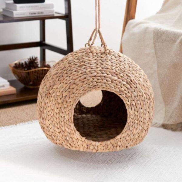 Natural Seagrass Cat Cave Bed Small Animals & Dogs Rattan Pet Hammocks with Striped Pattern Accessory