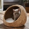 Natural Seagrass Cat Cave Bed Small Animals & Dogs Rattan Pet Hammocks with Striped Pattern Accessory